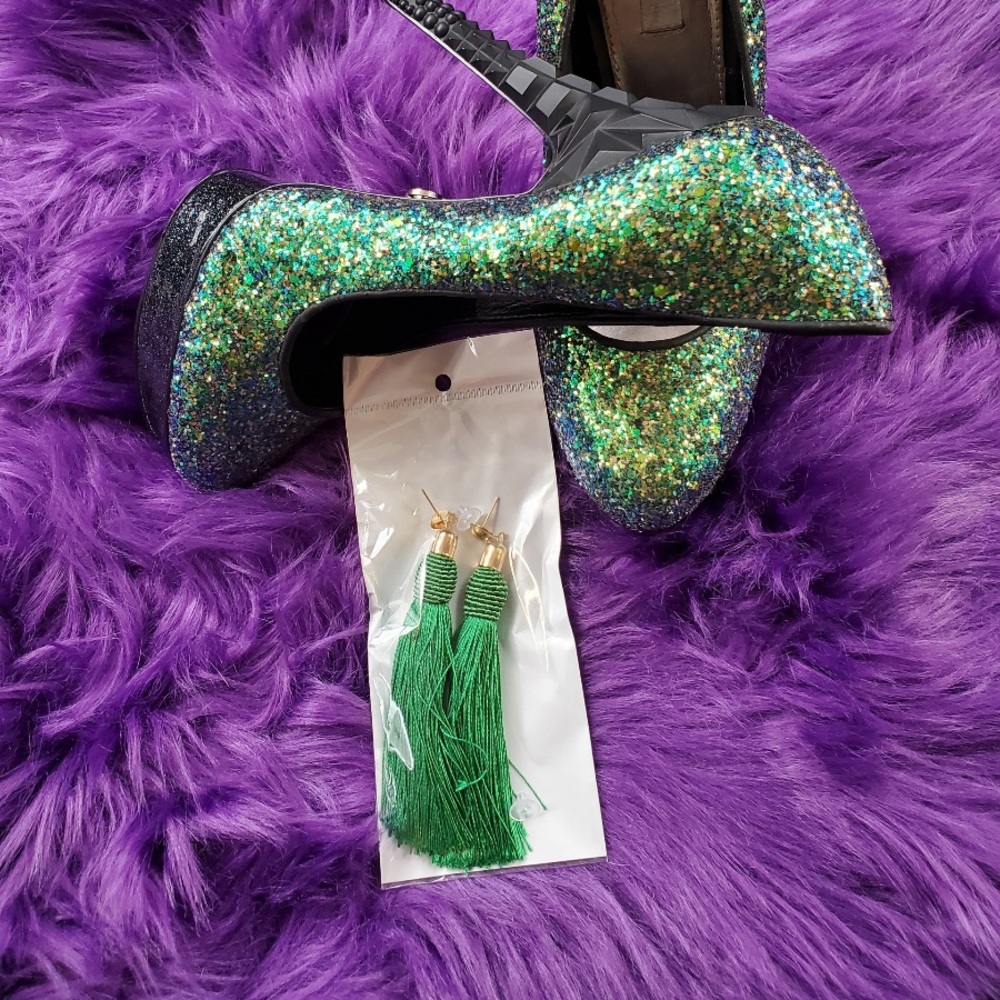 Large green tassel earrings